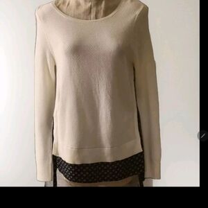 LOFT Women's White Waffle Knit Blue Faux Layered Floral Side Tie Sweater Size XS